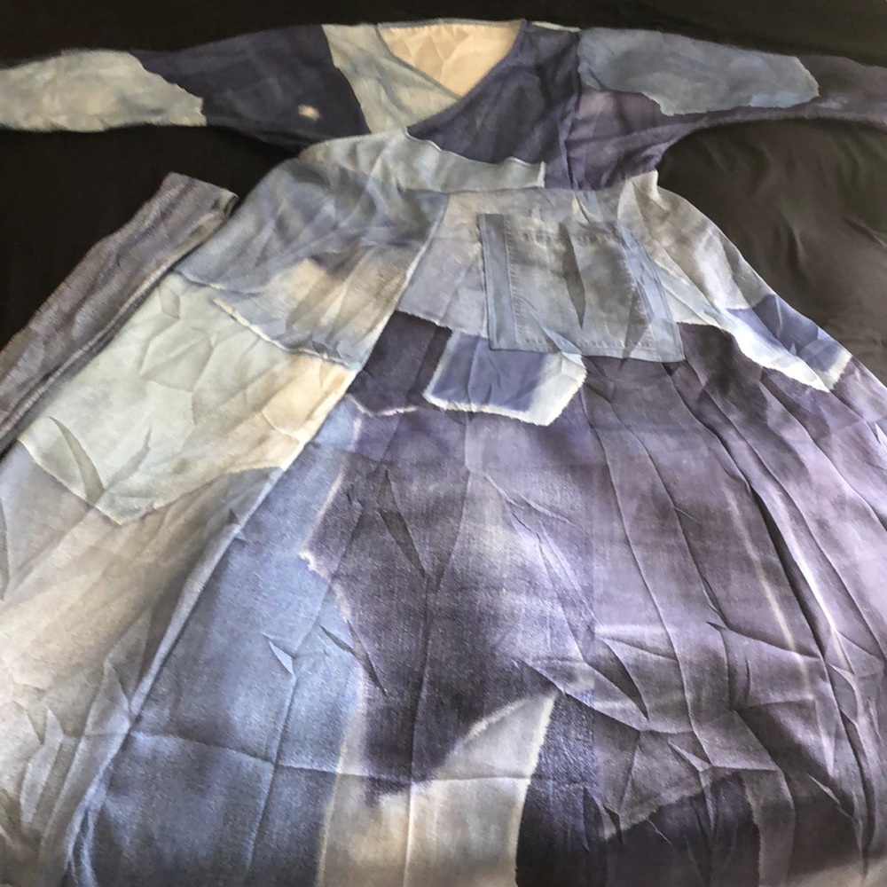Beautiful patchwork, print denim wrap dress